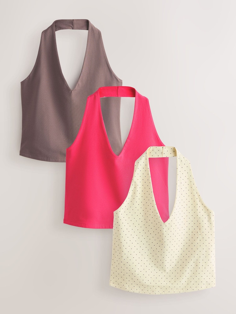 Buy Pink/Yellow/Brown Halter Neck Tops 3 Pack from Next Ireland | Next EU