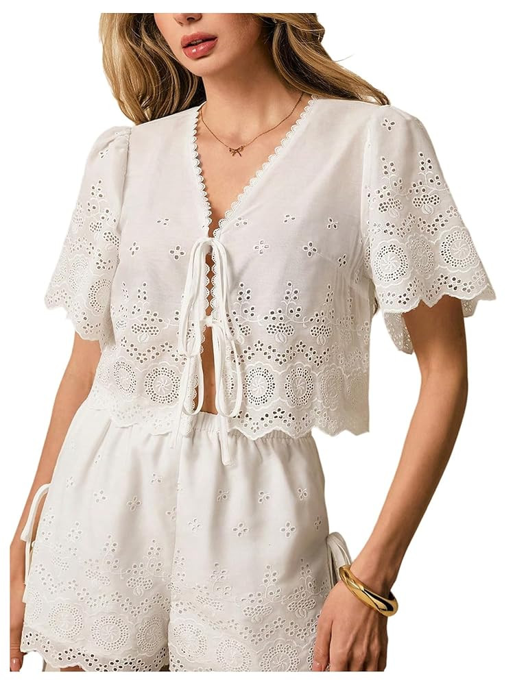 SOLY HUX Women's Hollow Tie Front Crop Tops Ruffle Short Sleeve V Neck Summer Blouse Shirts | Amazon (US)