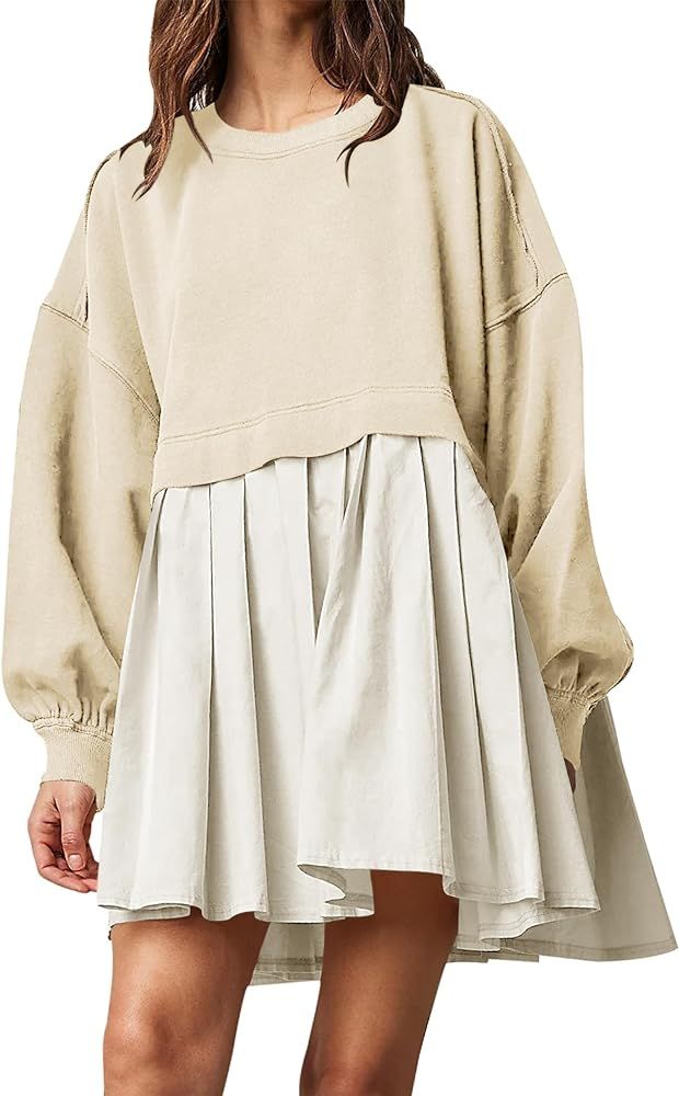 UANEO Women Oversized Sweatshirt Dress Long Sleeve Pullover Tops Pleated Flowy Mini Dress | Amazon (US)