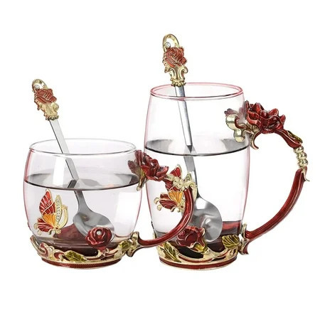 Glass Coffee Cup Tea Mug & Gifts with Spoon Set Handmade Enamel Butterfly Rose Flower for Mothers Day Gift, Women (2 Red Pack) | Walmart (US)