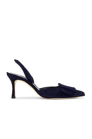 Manolo Blahnik Maysli 70 Suede Slingback In Navy in Black | FWRD 