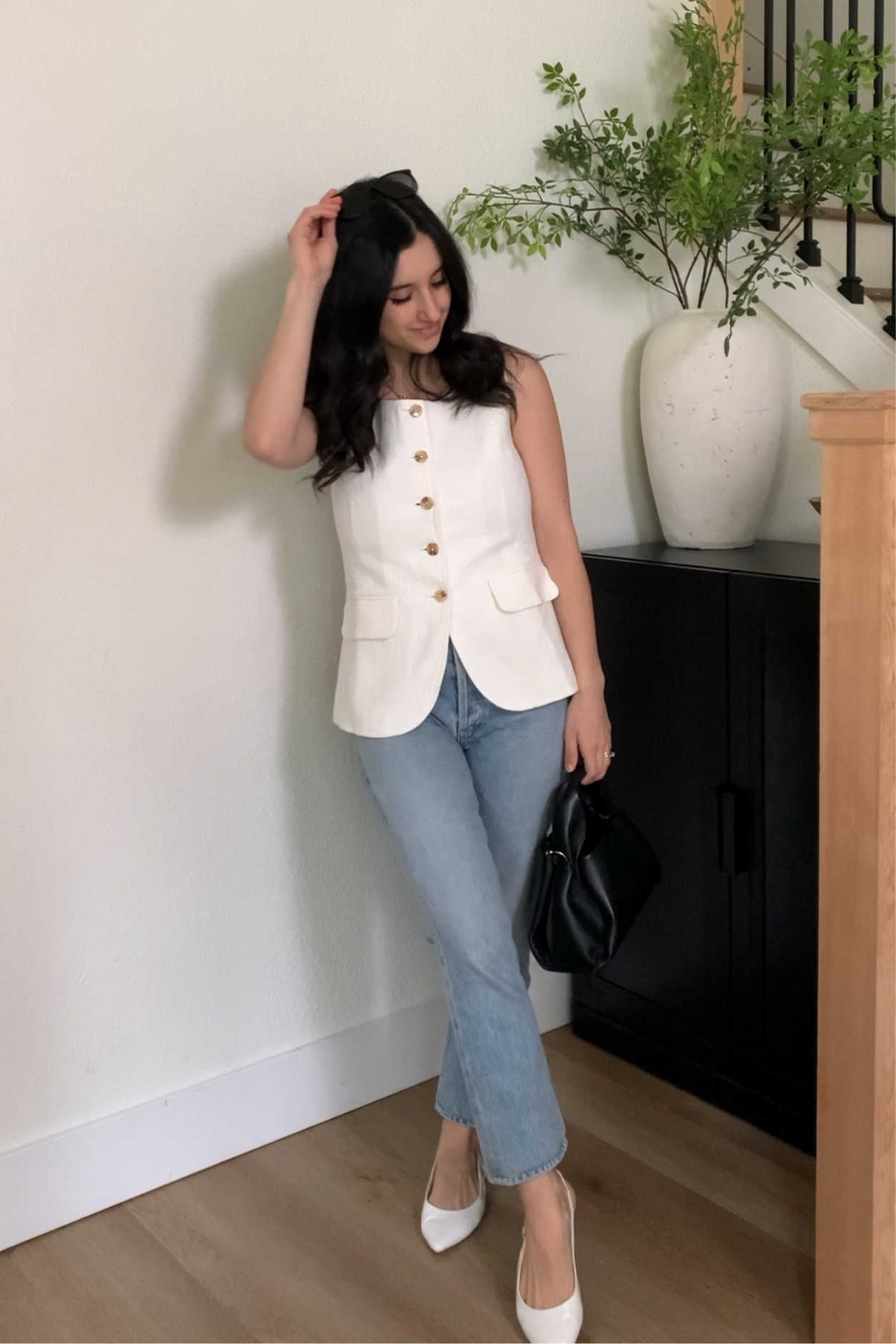 Wearing XS in vest! 
24 in jeans ( hemmed 1”) 
