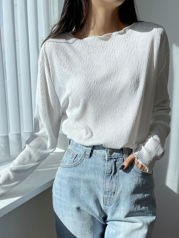 DAZY Textured Lettuce Trim Drop Shoulder Blouse | SHEIN