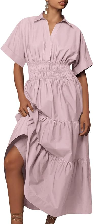 Wenrine Womens Summer Short Sleeve Maxi Dresses Casual V Neck Smocked Loose Tiered Flowy Shirt Dr... | Amazon (US)