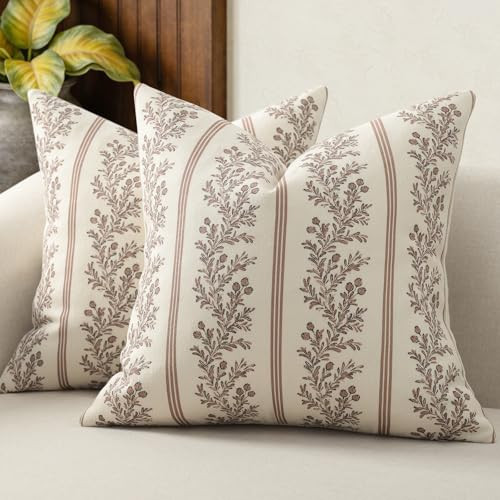 DKwizme Vintage Throw Pillow Covers 26x26 Set of 2, Striped Floral Pillow Cover Botanical Patterned Decorative Cushion Covers Modern Farmhouse Home Decor for Sofa Couch Bed Living Room, Almond | Amazon (US)