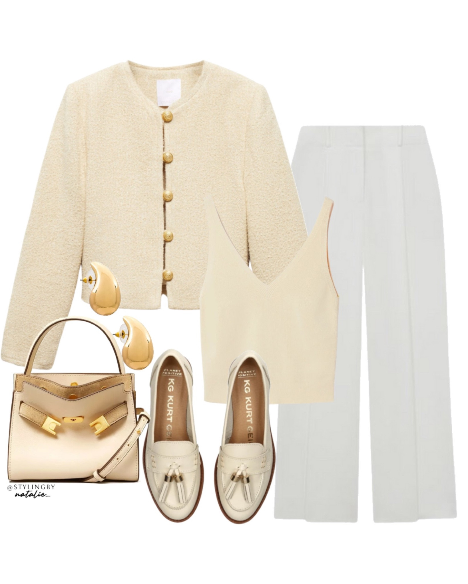 Tweed jacket with gold jewel buttons, mid rise white wide leg pants, Kurt Geiger tassel loafers, rib knit tank top, Tory Burch handbag & gold earrings.
Smart casual, office outfit, work outfit, autumn outfit, fall outfit, ootd, winter workwear.

#LTKover40 #LTKSeasonal #LTKworkwear