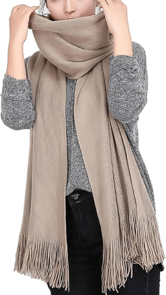 Wander Agio Women's Warm Long Scarves Winter Scarfs Pure Color Scarf Tassel | Amazon (US)