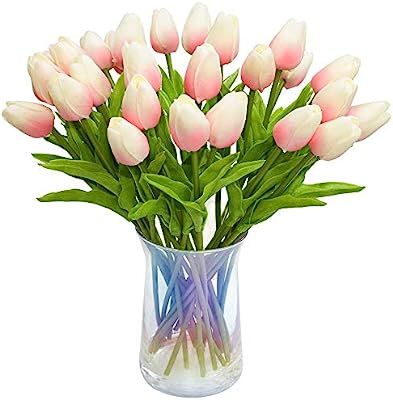 JOEJISN 30pcs Artificial Tulips Flowers Real Touch Pink Tulips Fake Holland PU Tulip Bouquet Late... | Amazon (US)