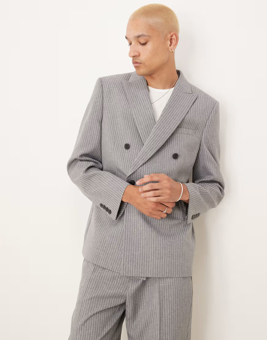 ASOS DESIGN double breasted slim suit jacket in grey pinstripe | ASOS (Global)