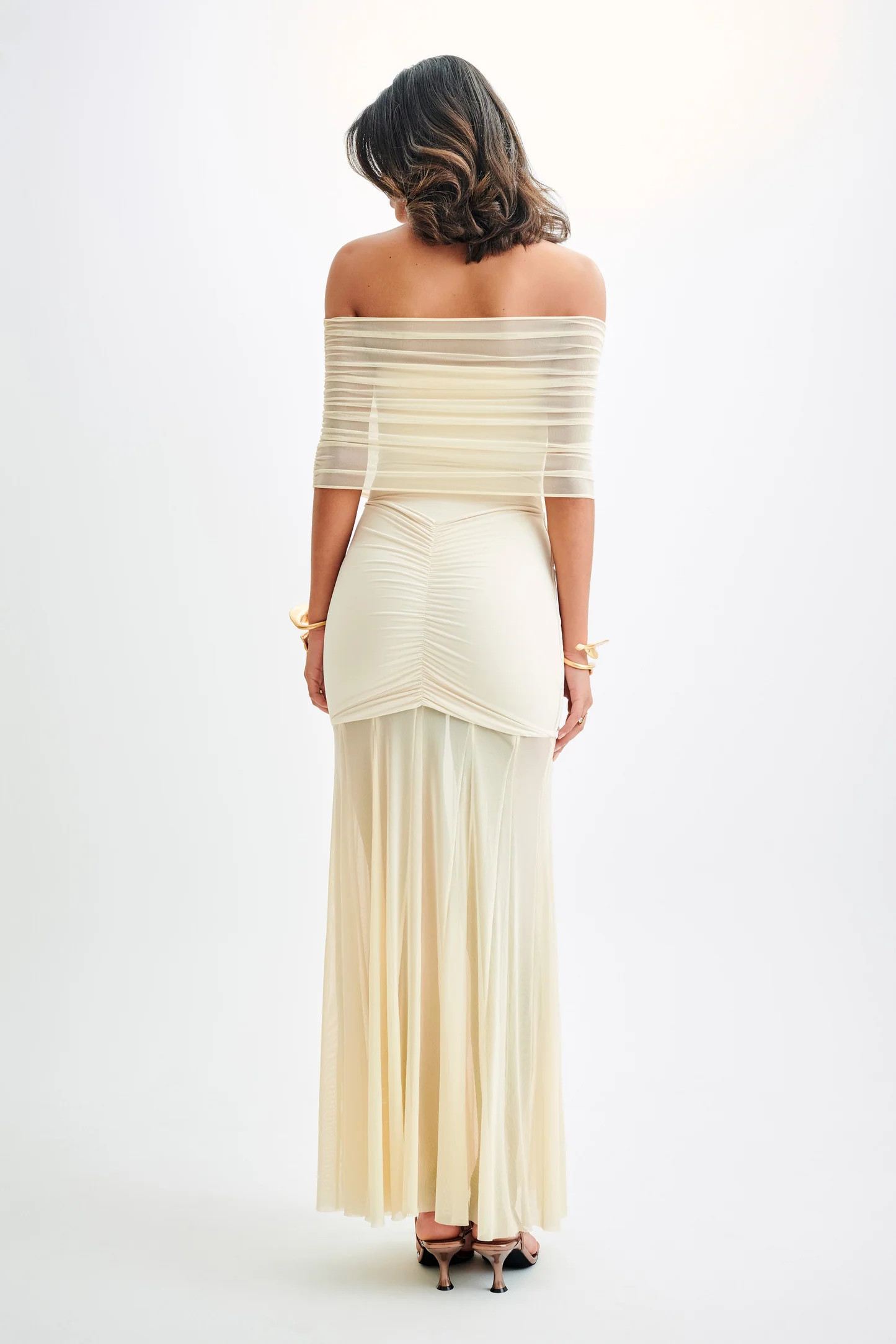 Slinky And Mesh Off Shoulder Maxi Dress - Ivory | MESHKI US