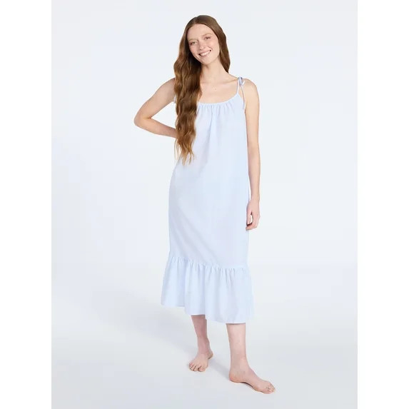 Joyspun Women's Seersucker Midi Sleep Gown with Shoulder Tie, Sizes XS to 3X | Walmart (US)