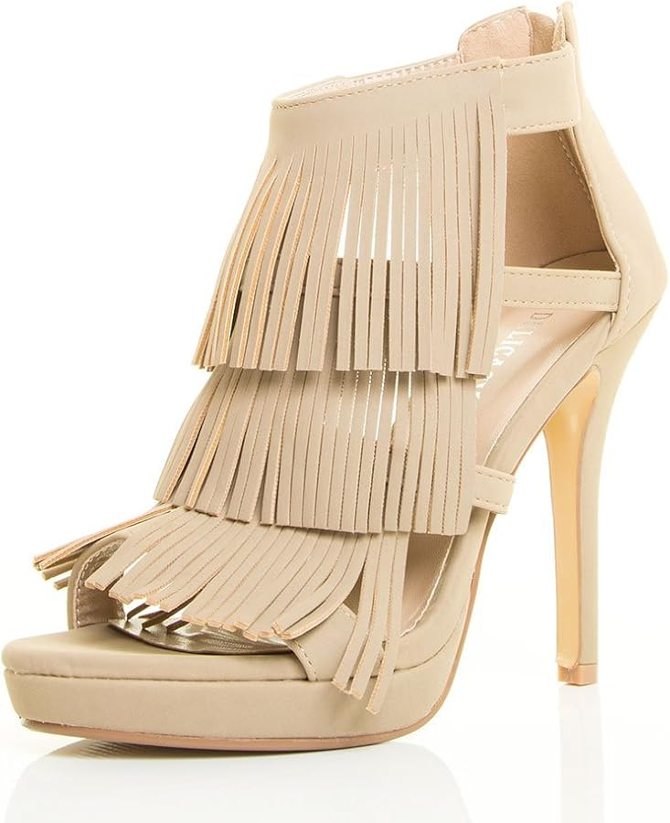 Forever Link Womens Open Toe Stiletto Heel Platform Fringe Layer Back Zipper Pump Sandal | Amazon (US)