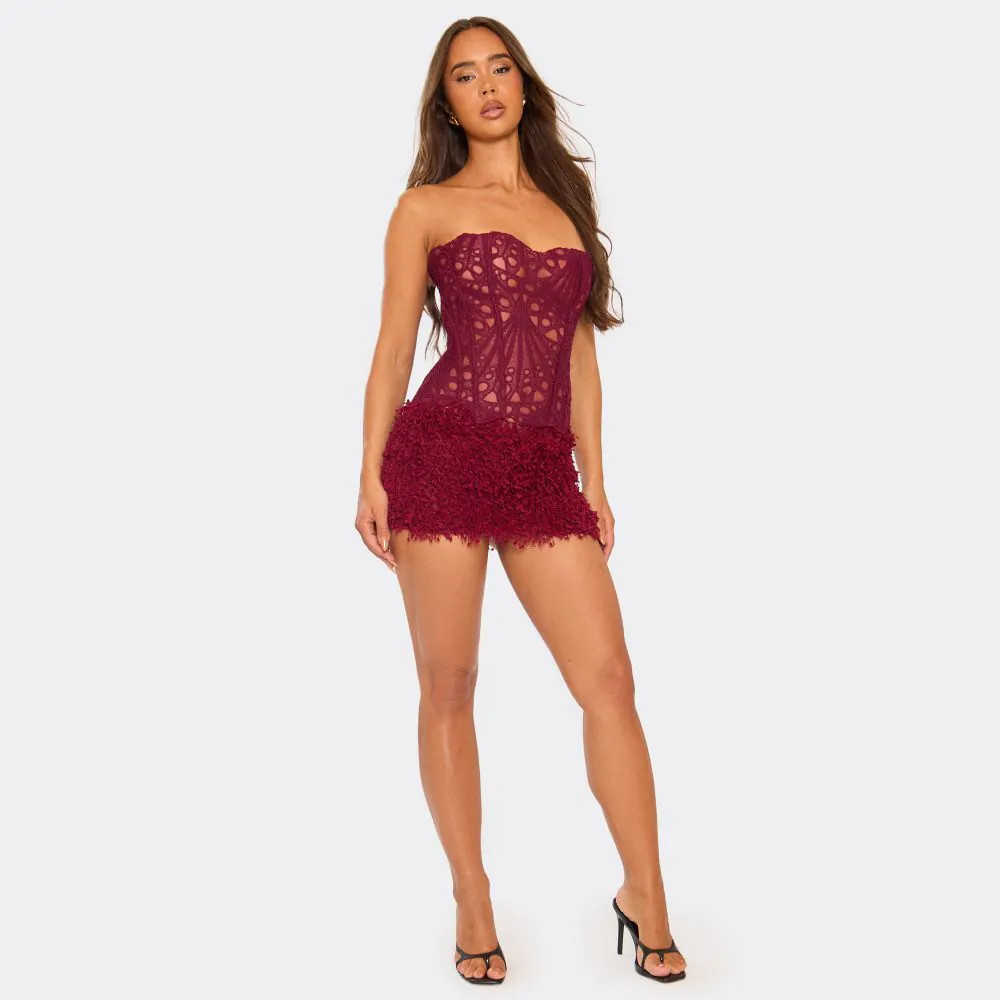 Mid Rise Micro Mini Skirt In Burgundy Texture | EGO (UK)