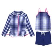 Girl's Long Sleeve Rash Guard with Tankini + Shorts Set (3 Piece) - "Navy Gingham" | SwimZip