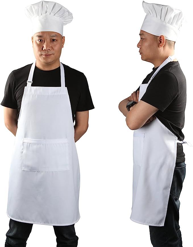 Amazon.com: Yotache Chef Apron Set, Chef Hat and Kitchen Apron Adult Adjustable White Apron Baker... | Amazon (US)