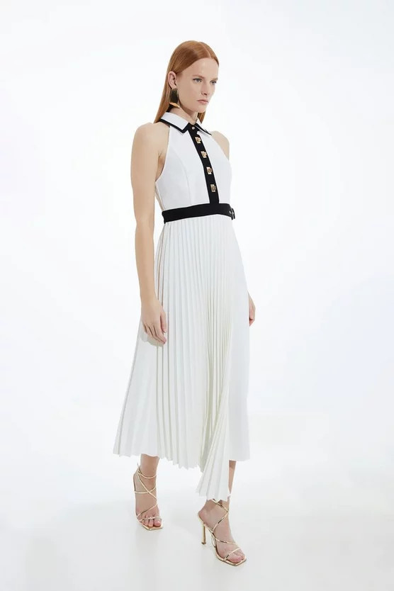 Colour Block Twill Pleat Wrap Skirt Woven Midi Dress | Karen Millen UK + IE + DE + NL