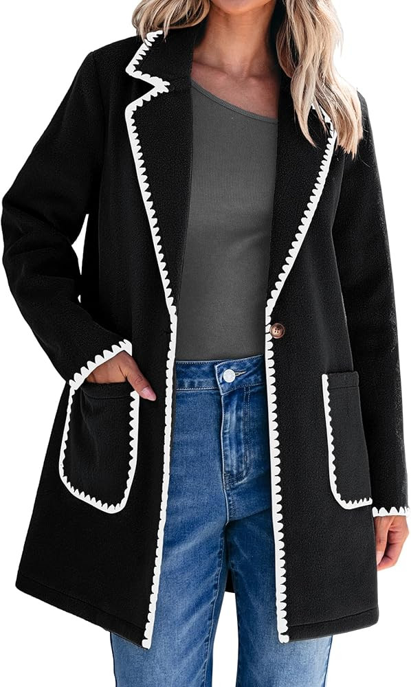 luvamia Pea Coats for Women Trendy Embroidered Contrast Trim Long Peacoat Jackets Lapel Button Wi... | Amazon (US)