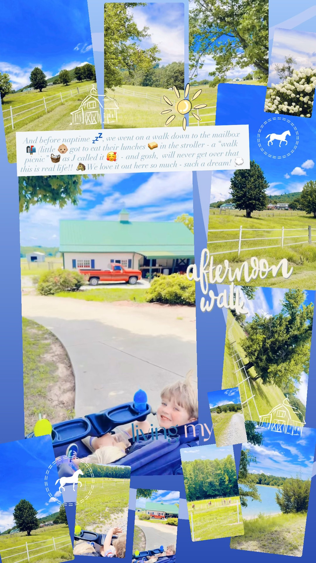 And before naptime 💤, we went on a walk down to the mailbox 📬 (little 👶🏼 got to eat their lunches 🥪 in the stroller - a “walk picnic” 🧺 as J called it 🥰) - and gosh,  will never get over that this is real life!! 🐴 We love it out here so much - such a dream! 💭