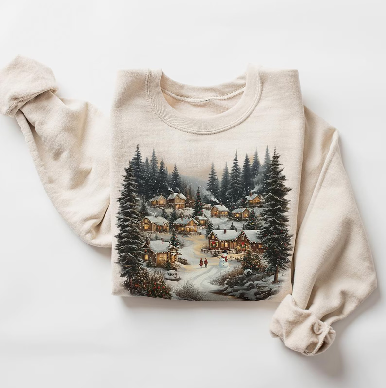 Retro Christmas Winter Village Sweatshirt - Nineties 90s Mountain Pine Trees Decorated Cabins Out... | Etsy (US)