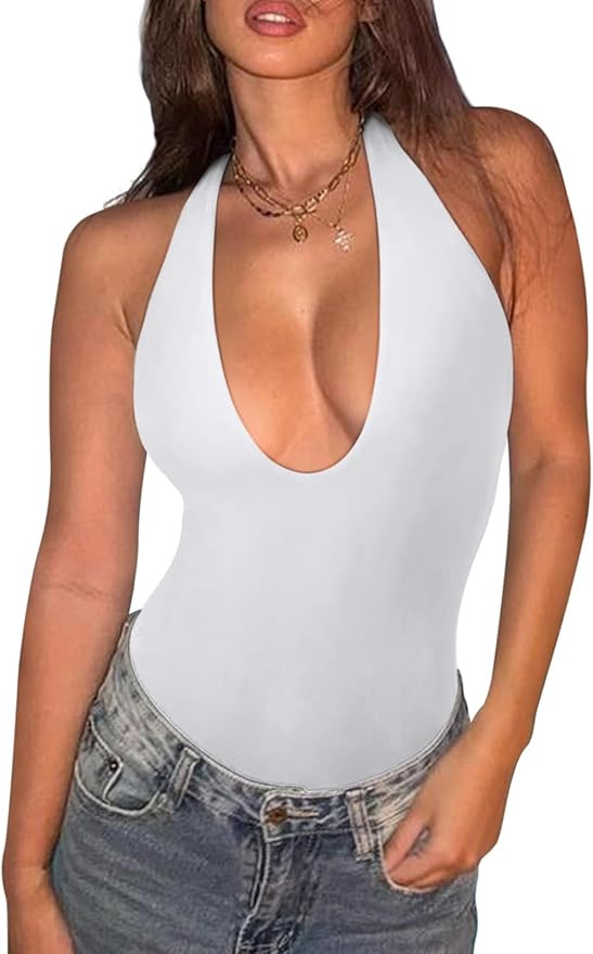 REORIA Bodysuits for Women Halter Tops 2025 Summer V Neck Backless Body Suits Tank Top Trendy Fas... | Amazon (US)