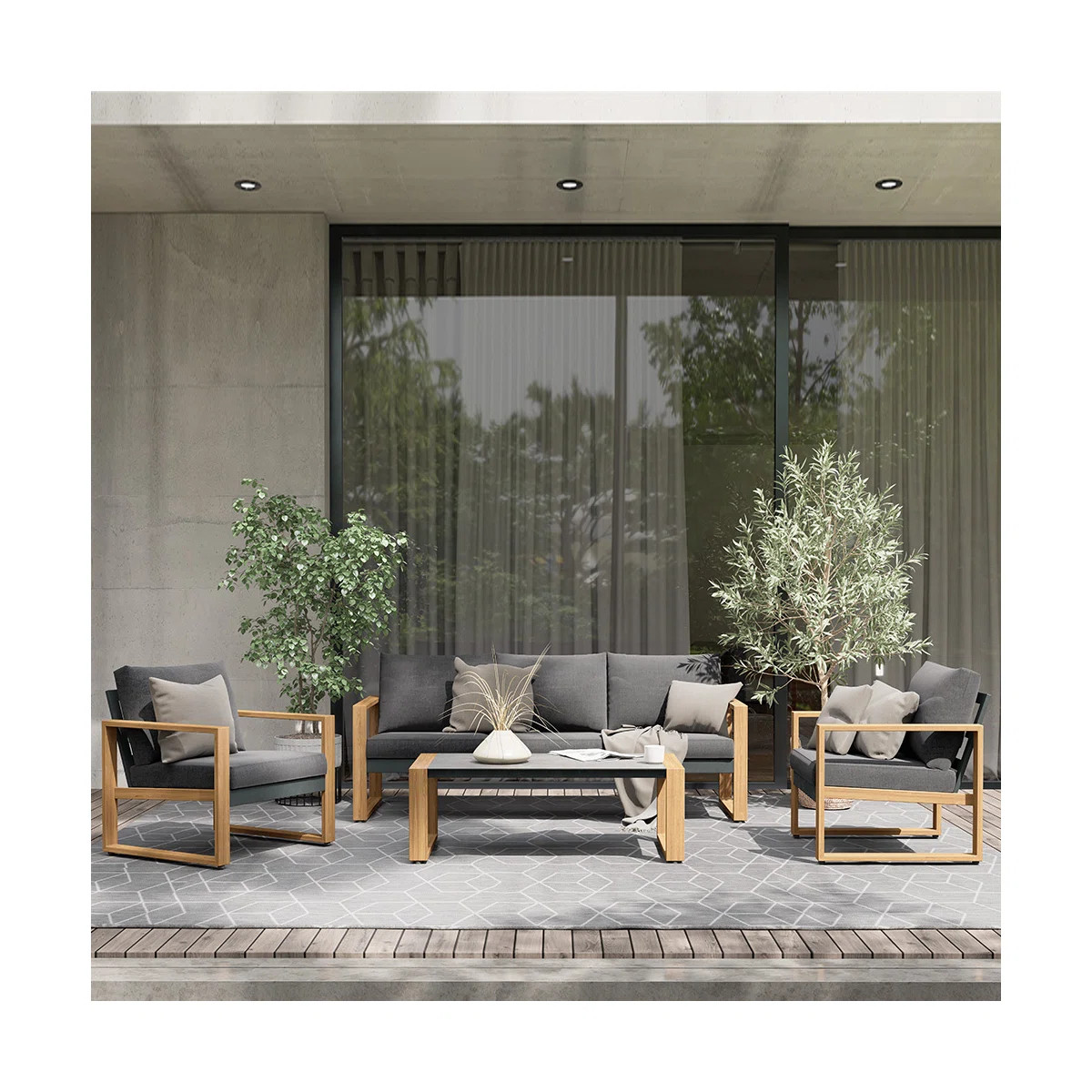 Arunas 5-Person Aluminum Outdoor Conversation Set with Wood-Grain Finish & Weather-Resistant Cush... | Wayfair North America