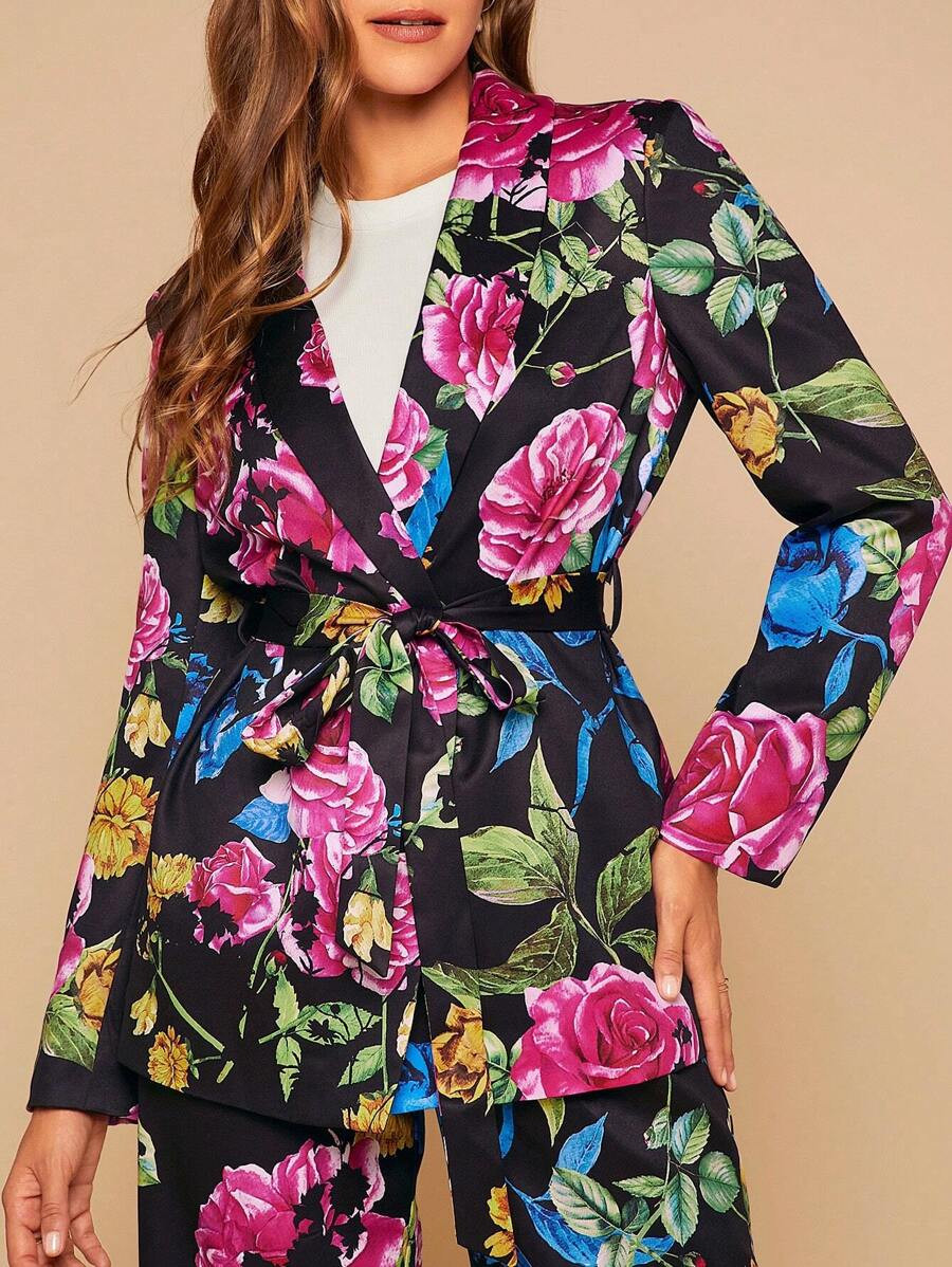 SHEIN Clasi Floral Print Belted Blazer | SHEIN