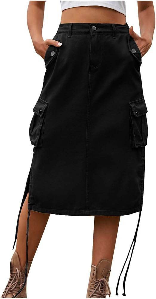 Women's Vintage 90s Midi Denim Skirt Drawstring Stretchy Zipper Pocket Drawstring Jean Skirt Penc... | Amazon (US)