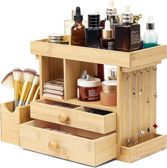 Homde Bamboo Makeup Organizer Cosmetic Jewelry Storage Organizer Multi-Function Make up Box Stand... | Amazon (US)