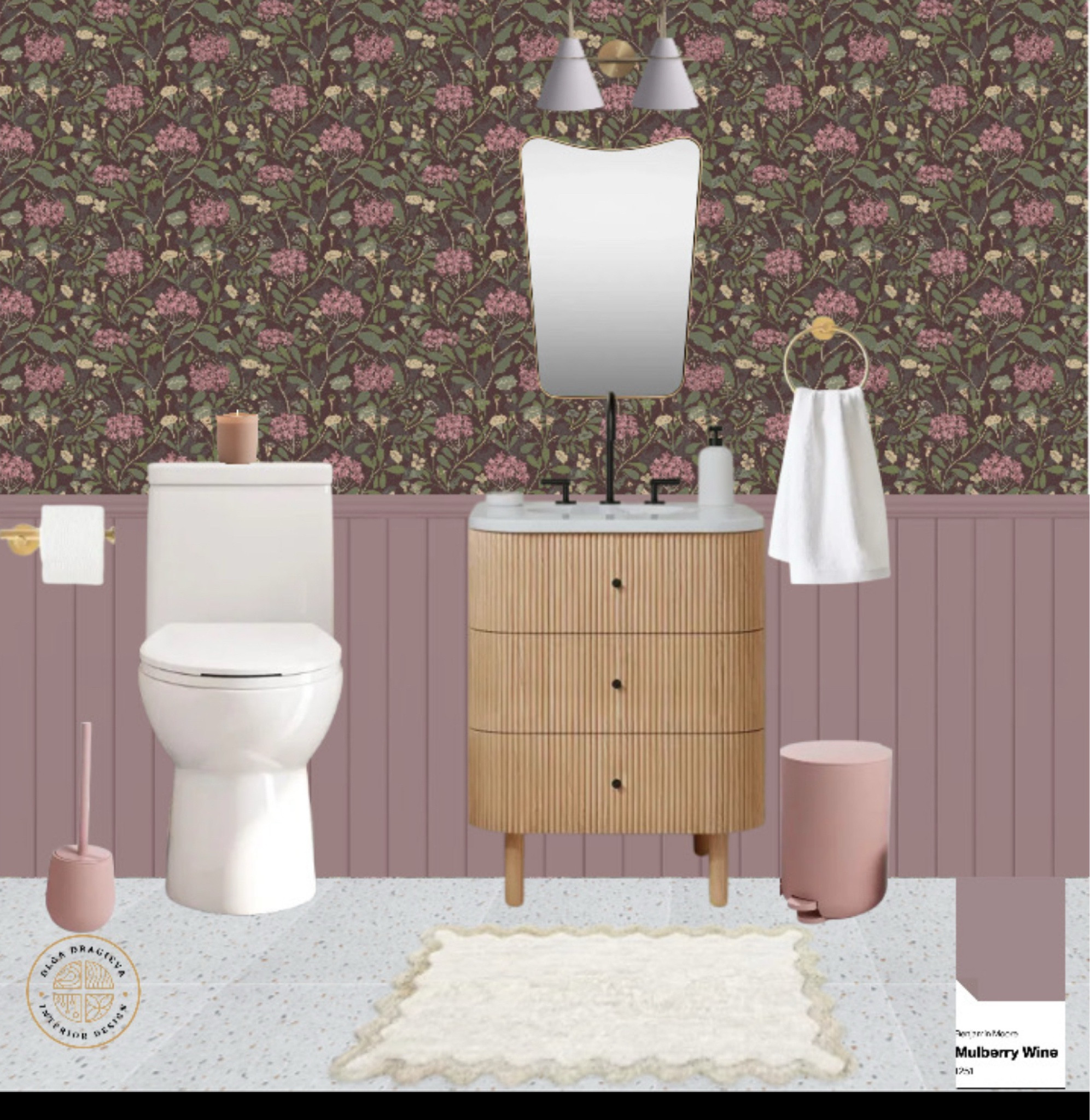 Beautiful half bath, gorgeous floral wallpaper, vanity from West Elm, curvy mirror, scalloped bathroom rug. #bathroom #homedecor 

#LTKStyleTip #LTKHome #LTKSeasonal
