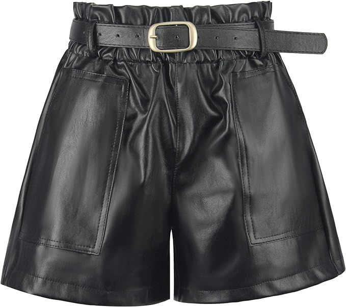 RAMISU Ladie's Casual Faux Leather Shorts High Waisted Elastic Band Belted Shorts Flared Leg Faux... | Amazon (US)