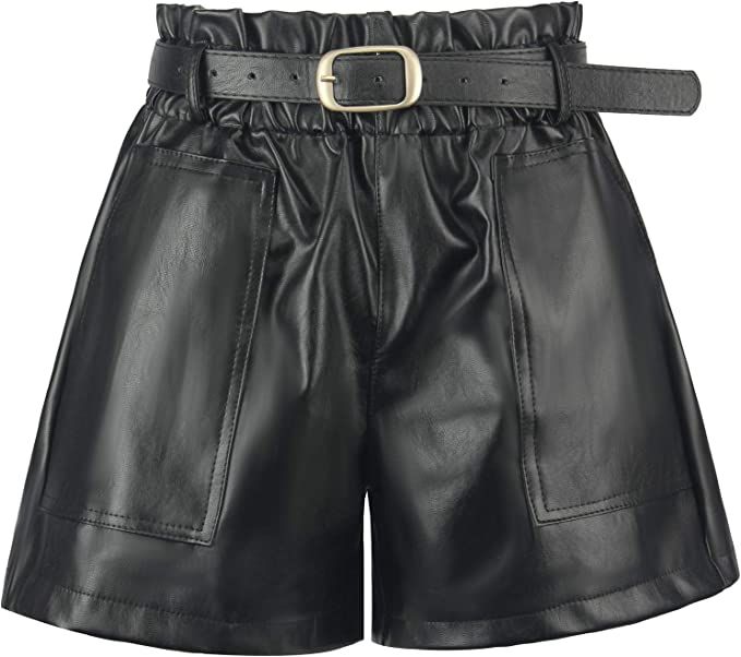 RAMISU Ladie's Casual Faux Leather Shorts High Waisted Elastic Band Belted Shorts Flared Leg Faux... | Amazon (US)