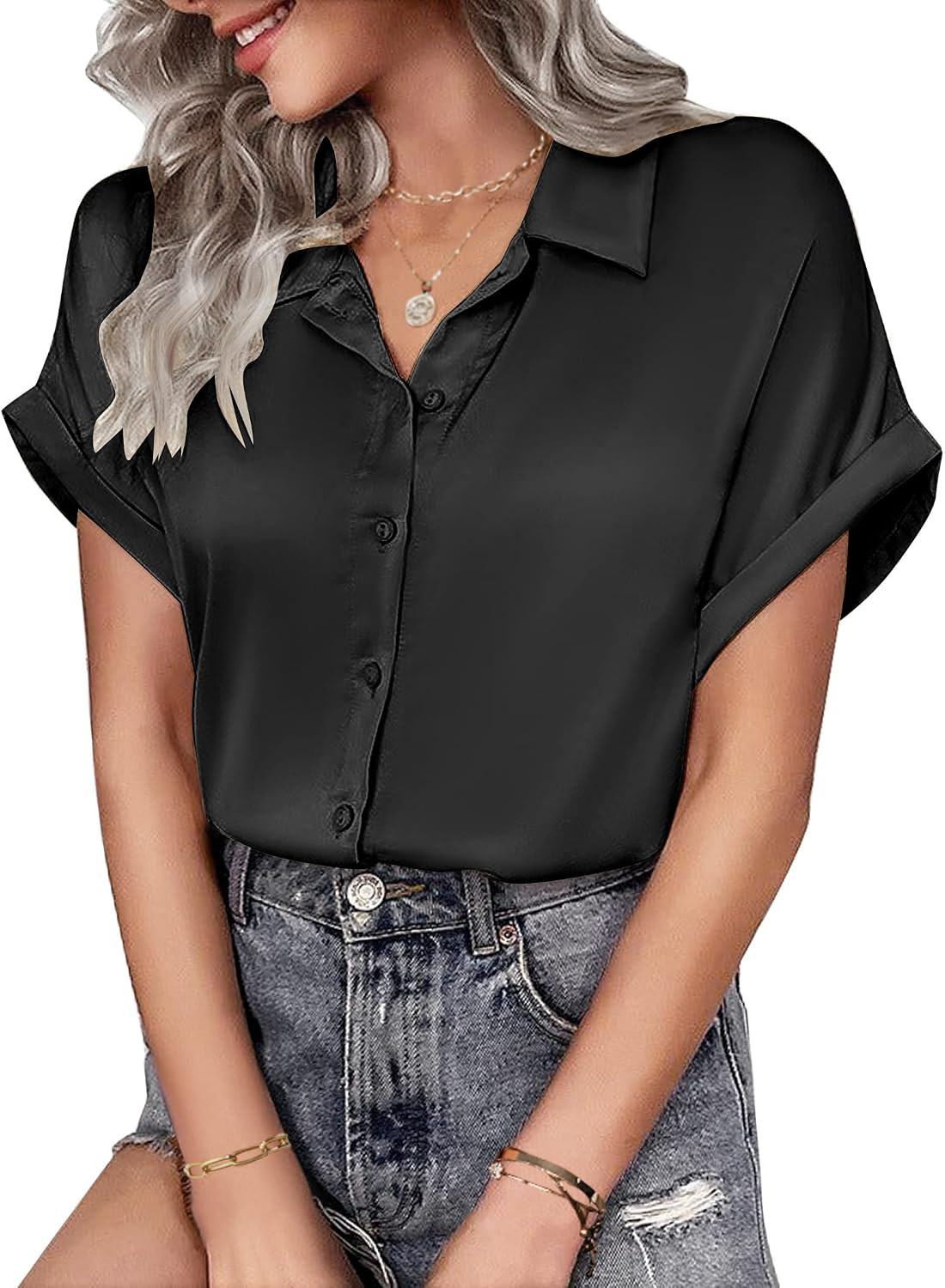 Beyove Women's Satin Blouses Button Down Silk Shirts Rolled Short Sleeve Lapel Collar Casual Loos... | Amazon (US)