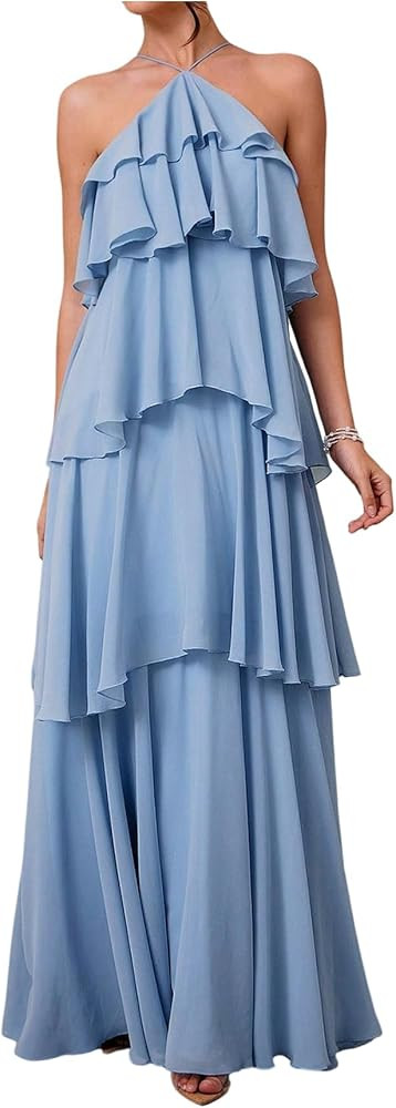 SOLY HUX Women's Sundresses Ruffle Layered Halter Flowy Maxi Dress Elegant Wedding Guest Dresses | Amazon (US)