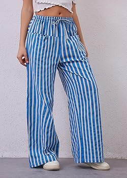 MISSACTIVER Women Drawstring Striped Pants Loose Wide Leg Trousers Casual Low Waist Pants Comfy L... | Amazon (US)
