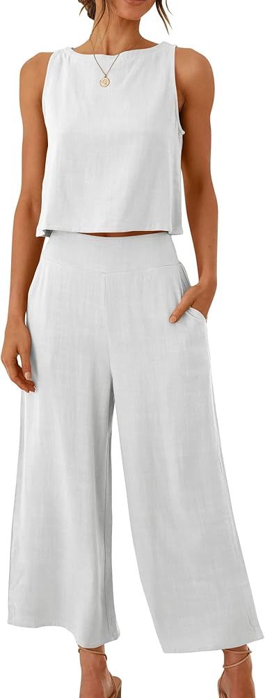 Amazon.com: ANRABESS Women's Summer 2 Piece Outfits Sleeveless Tank Crop Button Back Top Cropped Wid | Amazon (US)