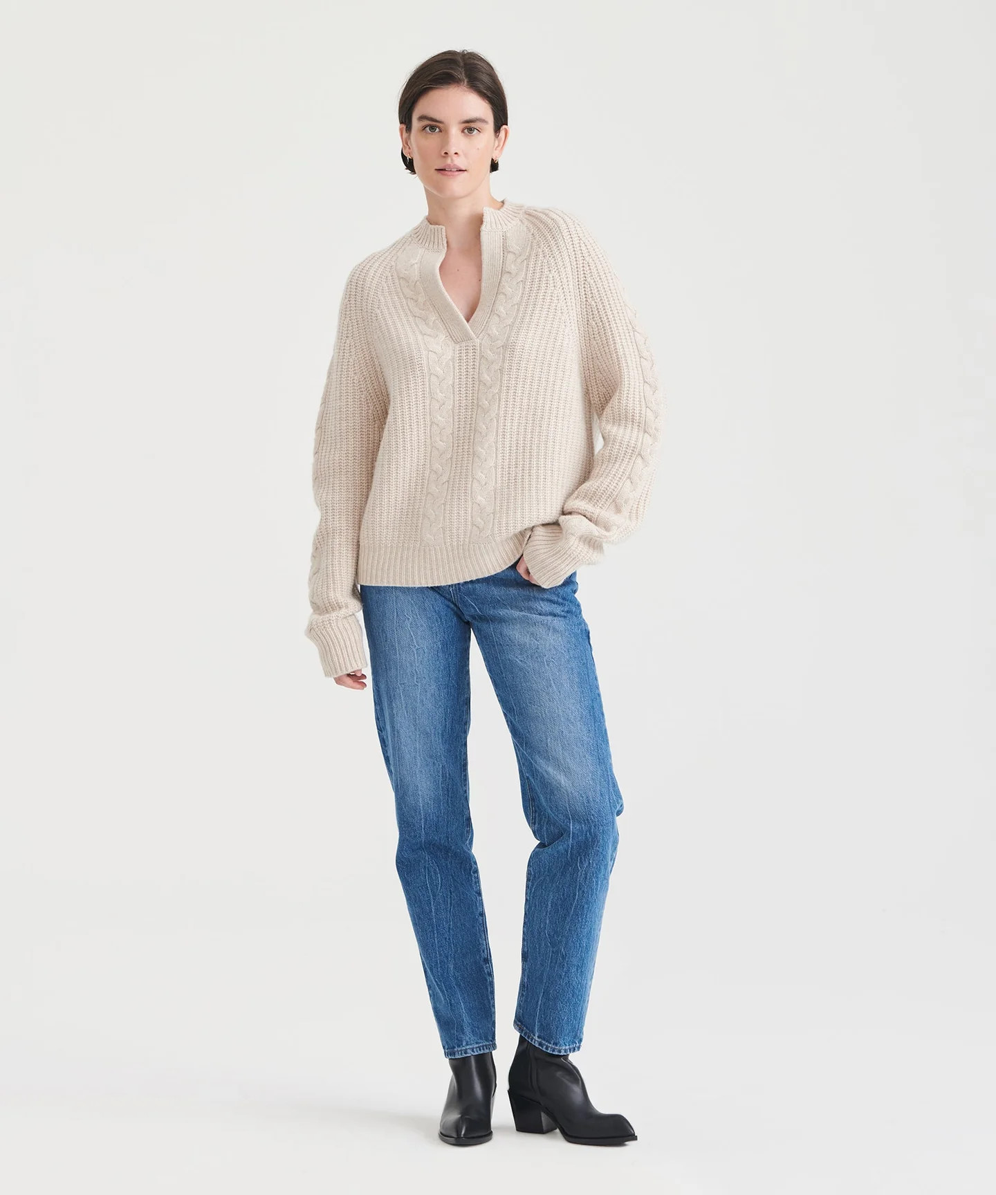 Cashmino Cable Split Neck Sweater | NAADAM