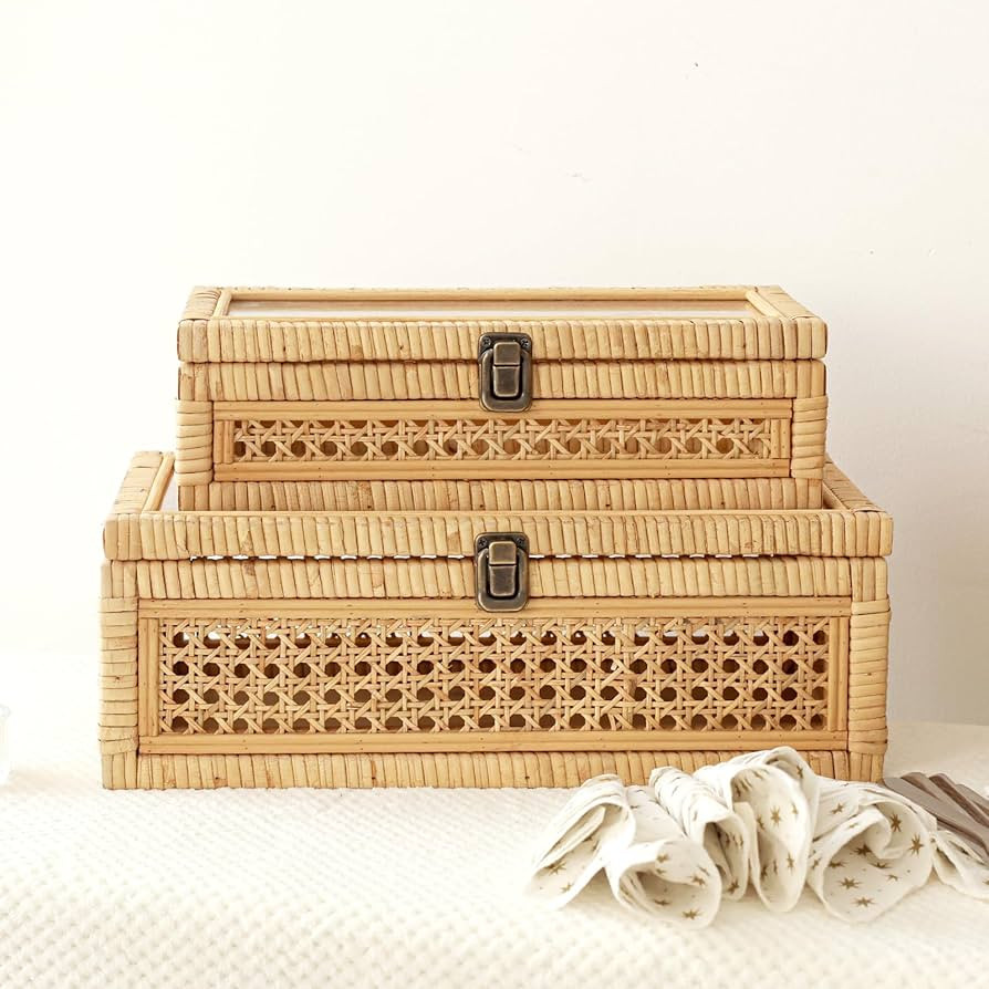 Rattan and Cane Stacking Boxes with Glass Top Lid - Set of 2 for Boho, and Rustic Farmhouse Decor | Amazon (US)
