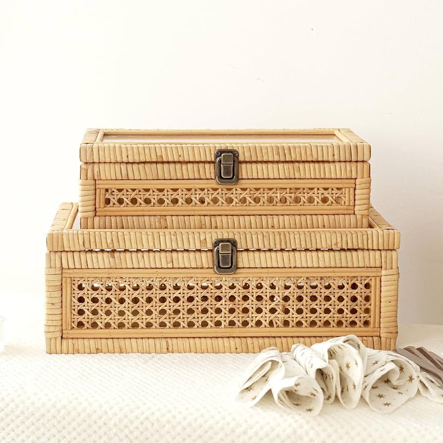 Rattan and Cane Stacking Boxes with Glass Top Lid - Set of 2 for Boho, Coastal, and Rustic Farmho... | Amazon (US)