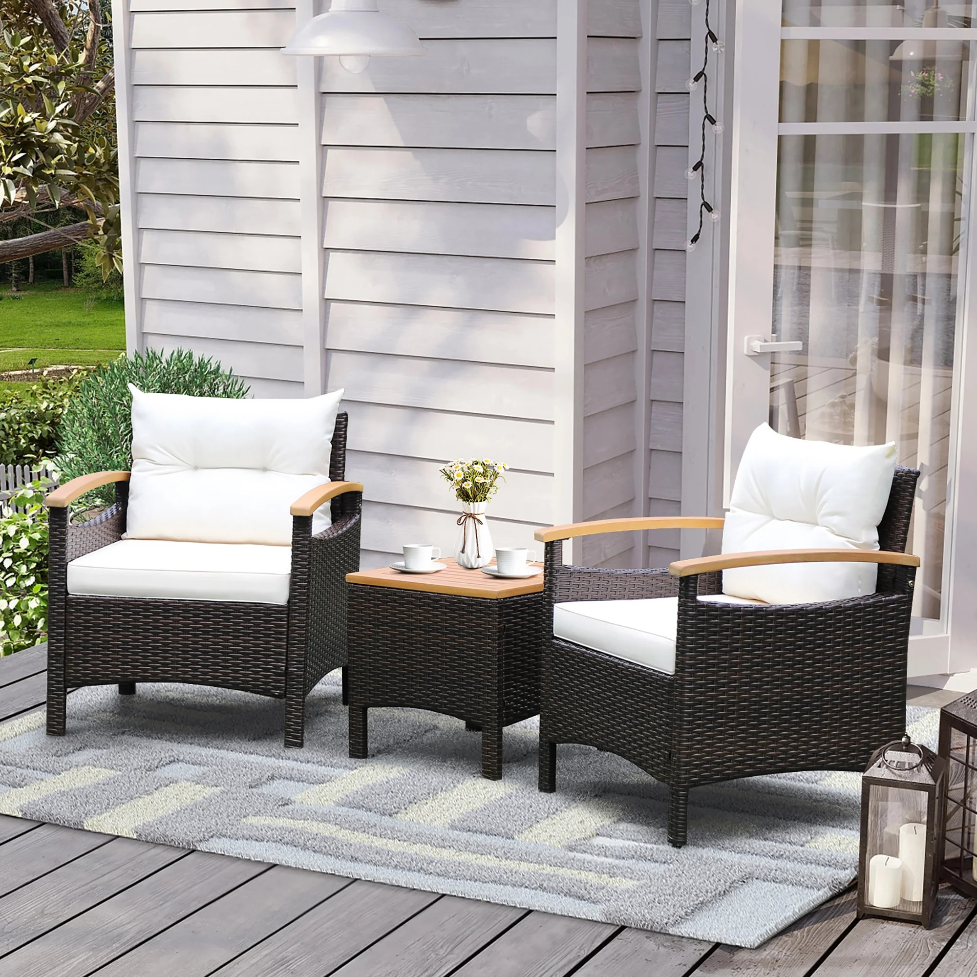 Costway 3-Piece PE Rattan Outdoor Patio Dining Set with Cushions, Brown/Off-White | Walmart (US)