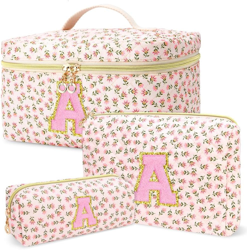3 PCS Travel Makeup Bag Set, A-Z Initials Cotton Make up Bag Floral Quilted Cosmetic Bag for Girl... | Amazon (US)