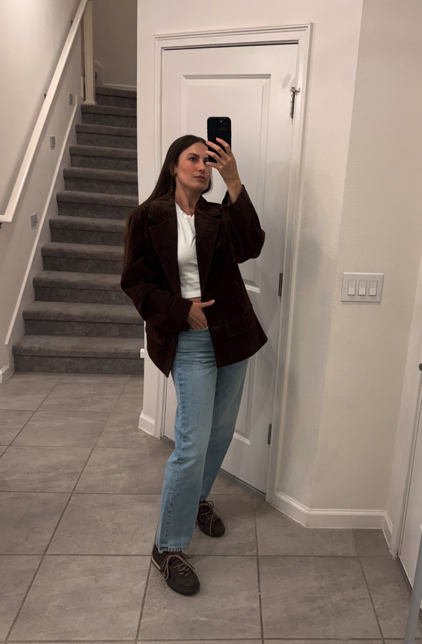 Work outfit idea with a suede blazer and jeans 🤎
An easy mix of elevated and casual,  perfect for a polished everyday look. 

#LTKootd #LTKWorkwear
