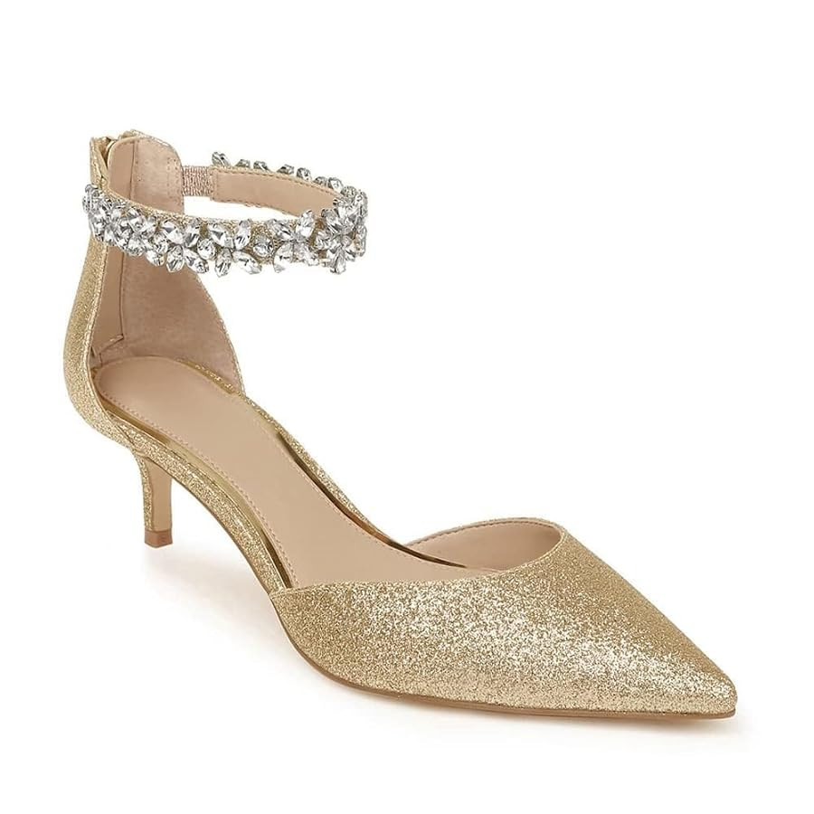 Women's Wedding Rhinestones Low Kitten Heels Pumps Pointed Toe Dress Evening Shoes for Women Brid... | Amazon (US)