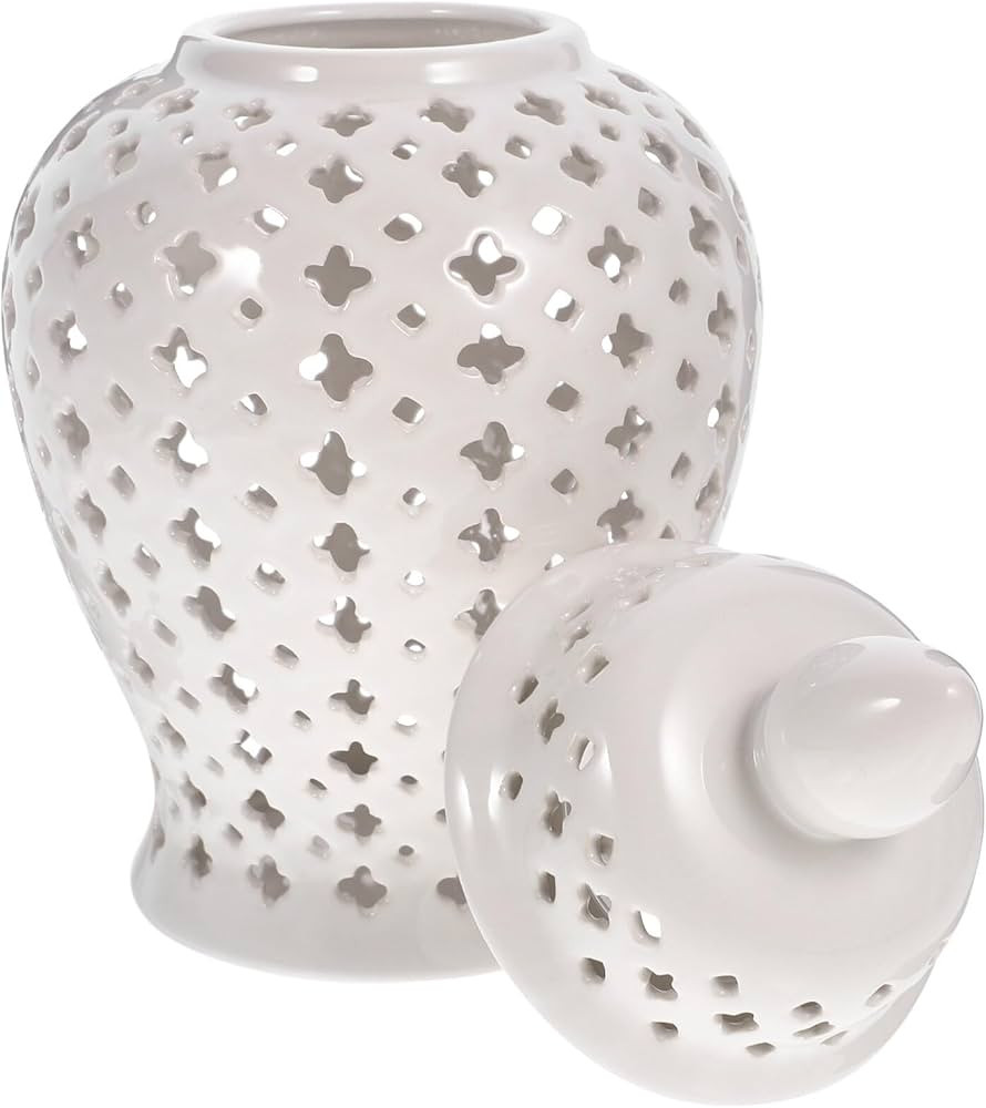 ABOOFAN Large Hollow Out Ginger Jar Vase 12X6.7In White Ceramic Decorative Flower Holder with Lid... | Amazon (US)