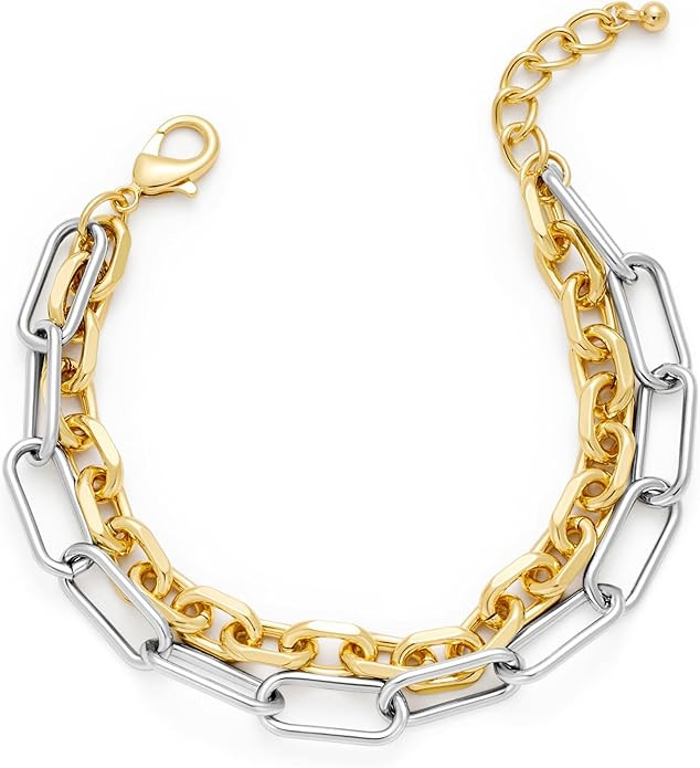 Two Tone Paperclip Link Chain Bracelet for Women Men Gold And Silver Bracelet Chunky Thick Large ... | Amazon (US)