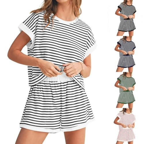 Canbebig Summer Outfits for Women 2025 2 Piece Striped Sets Oversized Short Sleeve Tops and Elastic Waisted Shorts Tracksuits | Amazon (US)