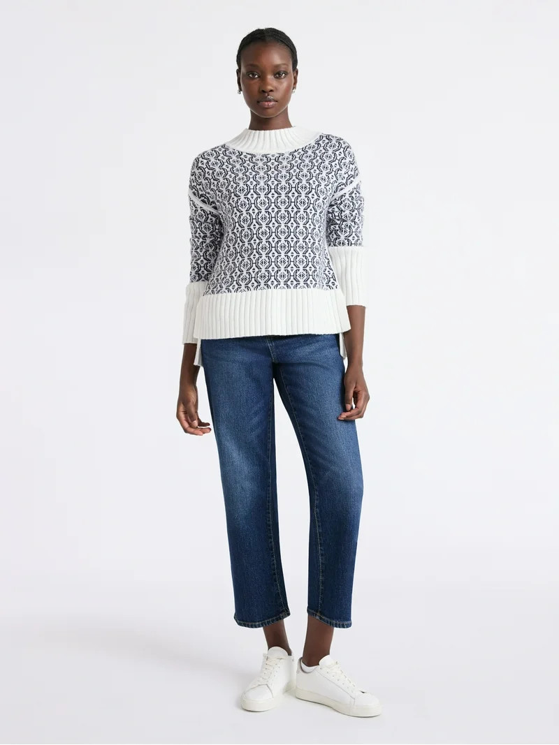 Free Assembly Women's Patterned Mock Neck Sweater with Tall Cuffs, Midweight, Sizes XS-XXL | Walmart (US)