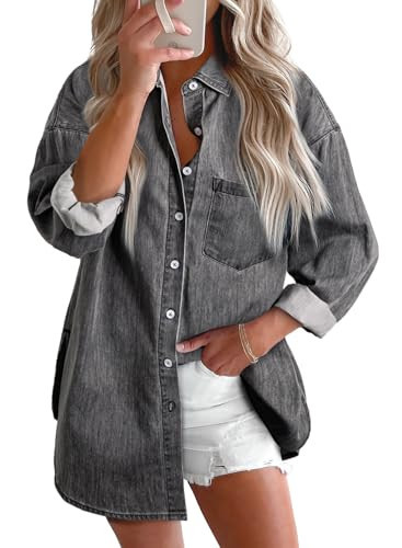 Astylish Ladies Denim Shirts for Women Trendy V Neck Button Down Long Sleeve Blouse Loose Fit Camp Shirts Light Grey XX-Large | Amazon (US)