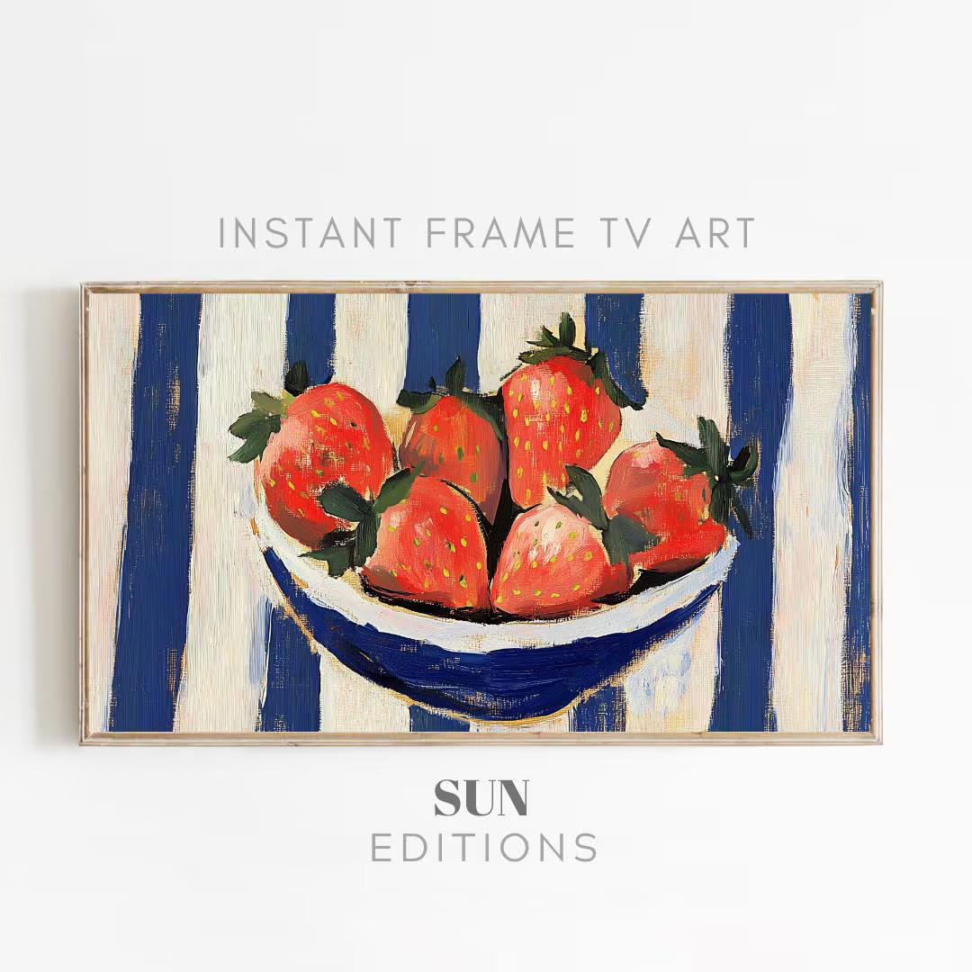 Bowl of Strawberries Painting Samsung Frame TV Art | TV Art Kitchen | Fruit Bowl | Striped Backgr... | Etsy (US)