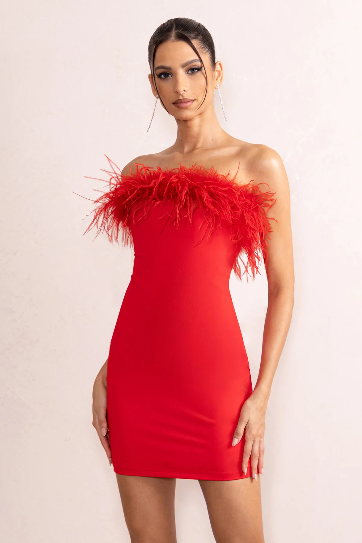 Stop The Show | Red Feather Trim Strapless Bodycon Mini Dress | Club L London