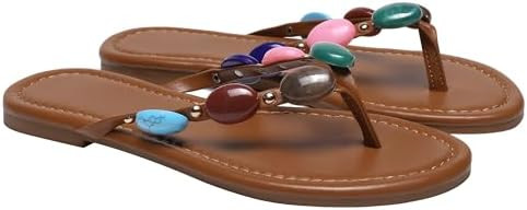 Women Jewelled Thong Strap Open Round Toe Flip Flops Comfy Slip on Flats Sandals Casual Summer Be... | Amazon (US)